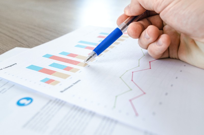 Person Holding Blue and Clear Ballpoint Pen while reading financial statement